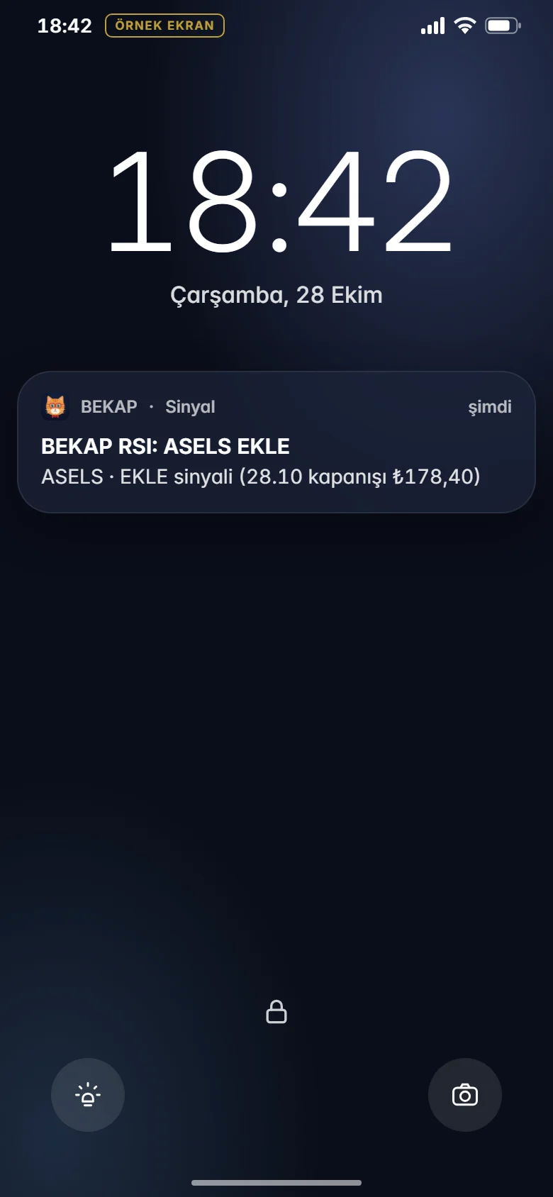 Kilit ekranında BEKAP sinyal bildirimi (örnek ekran)