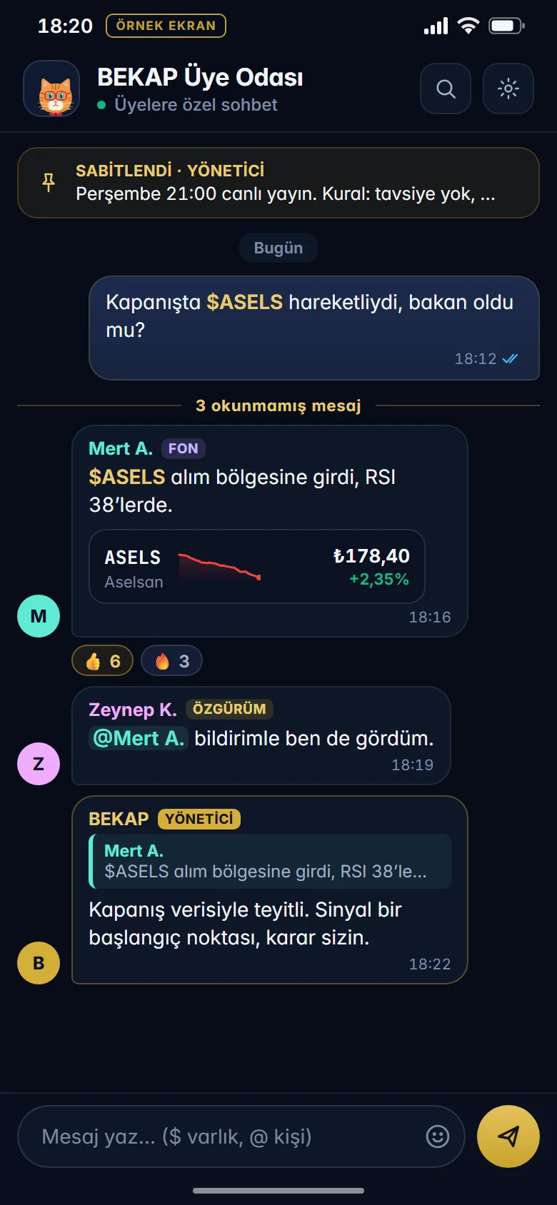 Sohbet sekmesi, BEKAP Üye Odası (örnek ekran)
